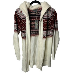 Natural Reflections M Cream Snowdrift Sherpa Cardigan Hood Open White Red Nordic